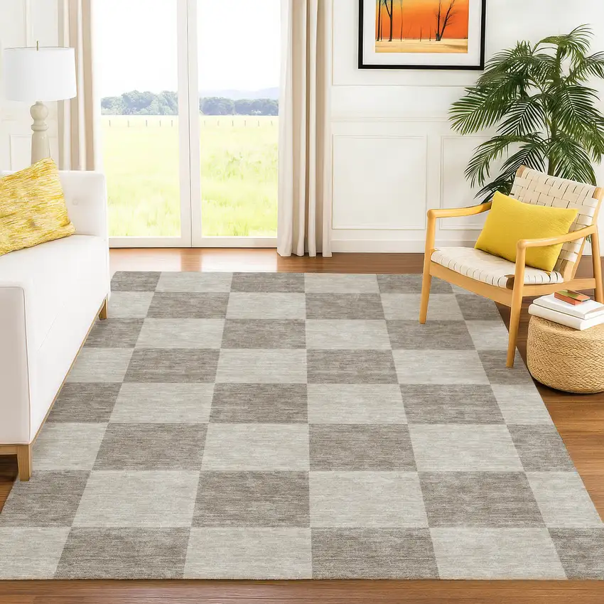 Khaki And Taupe Geometric Washable Indoor Outdoor Area Rug Photo 8