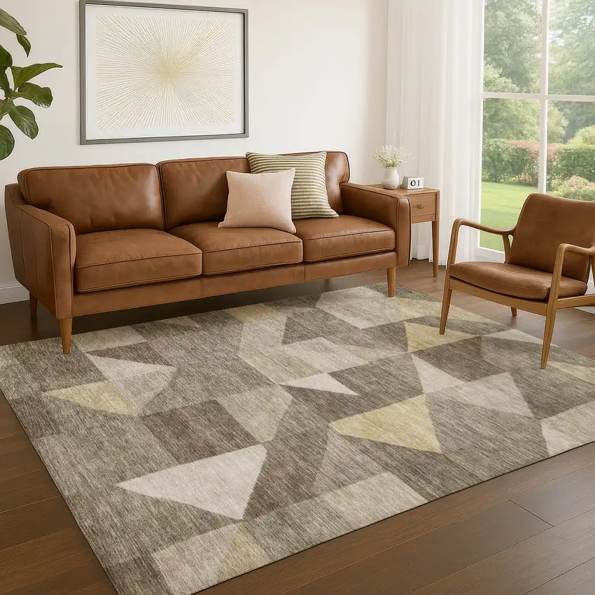 Khaki And Taupe Geometric Washable Indoor Outdoor Area Rug Photo 4