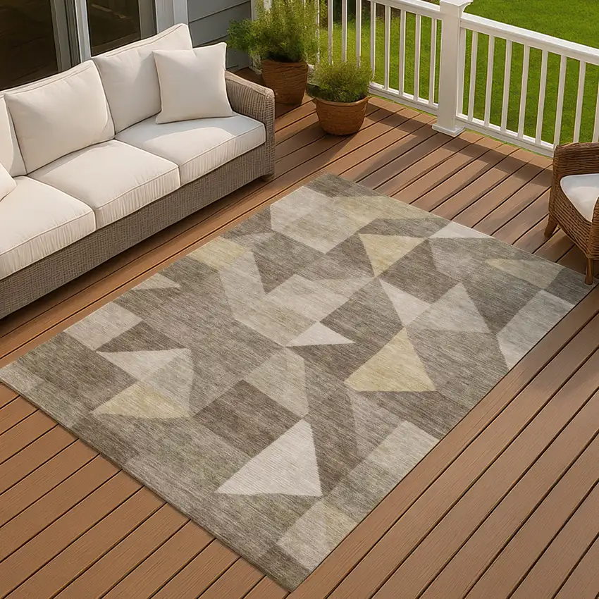 Khaki And Taupe Geometric Washable Indoor Outdoor Area Rug Photo 3