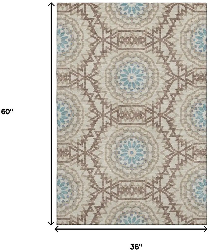 Khaki And Teal Geometric Washable Area Rug With UV Protection Photo 9