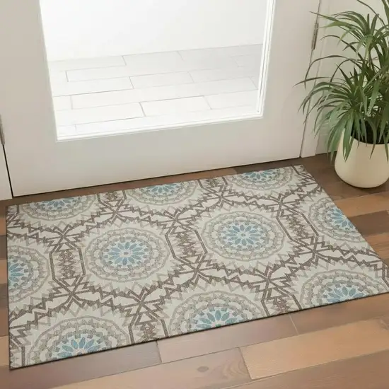 Khaki And Teal Geometric Washable Area Rug With UV Protection Photo 1