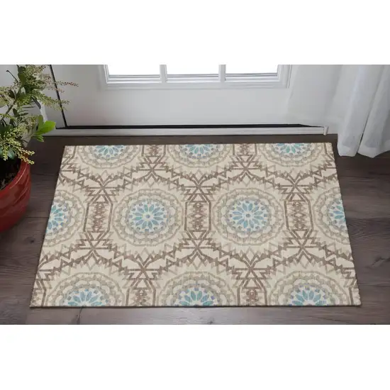 Khaki And Teal Geometric Washable Area Rug With UV Protection Photo 2