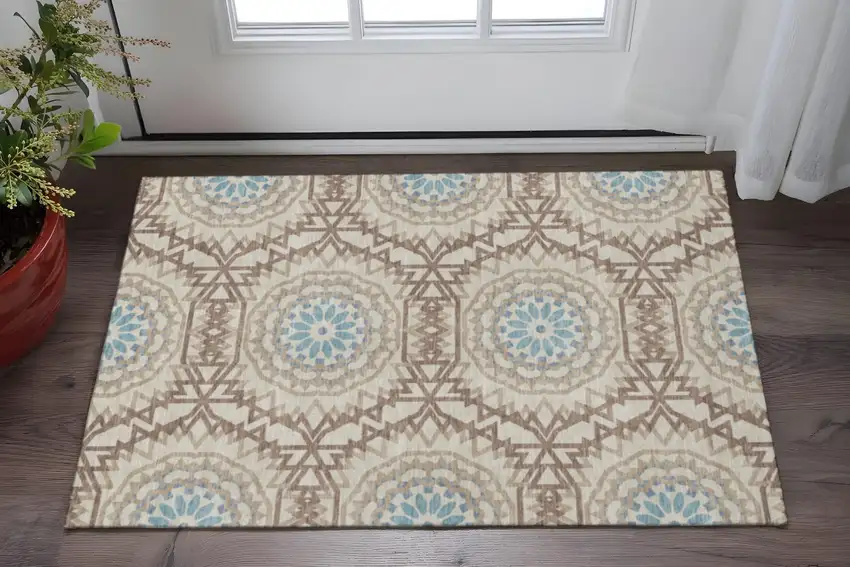 Khaki And Teal Geometric Washable Area Rug With UV Protection Photo 2