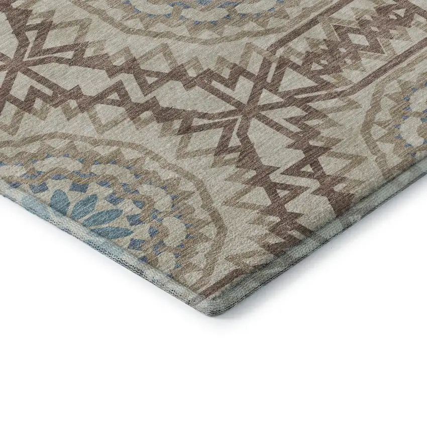 Khaki And Teal Geometric Washable Area Rug With UV Protection Photo 6