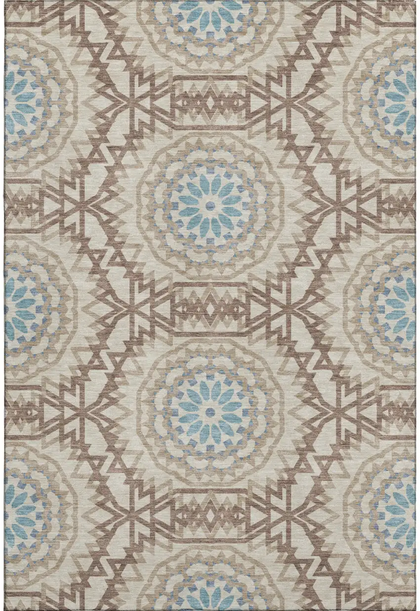 Khaki And Teal Geometric Washable Area Rug With UV Protection Photo 1