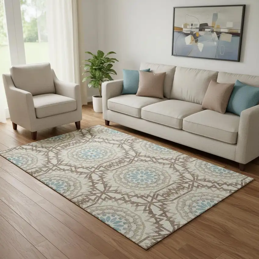 Khaki And Teal Geometric Washable Area Rug With UV Protection Photo 1