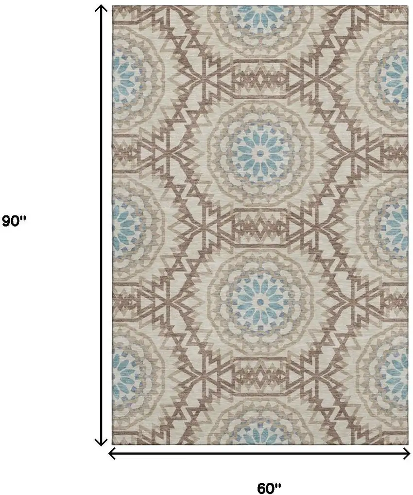 Khaki And Teal Geometric Washable Area Rug With UV Protection Photo 9