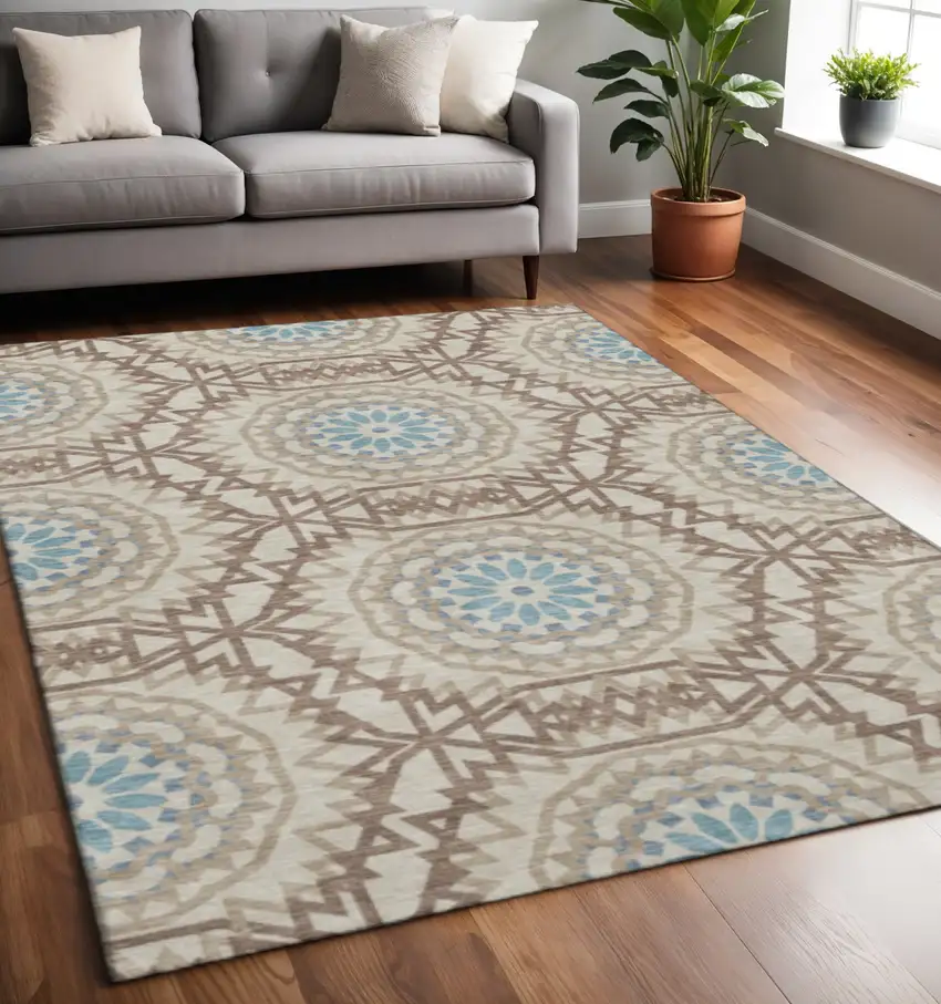 Khaki And Teal Geometric Washable Area Rug With UV Protection Photo 2