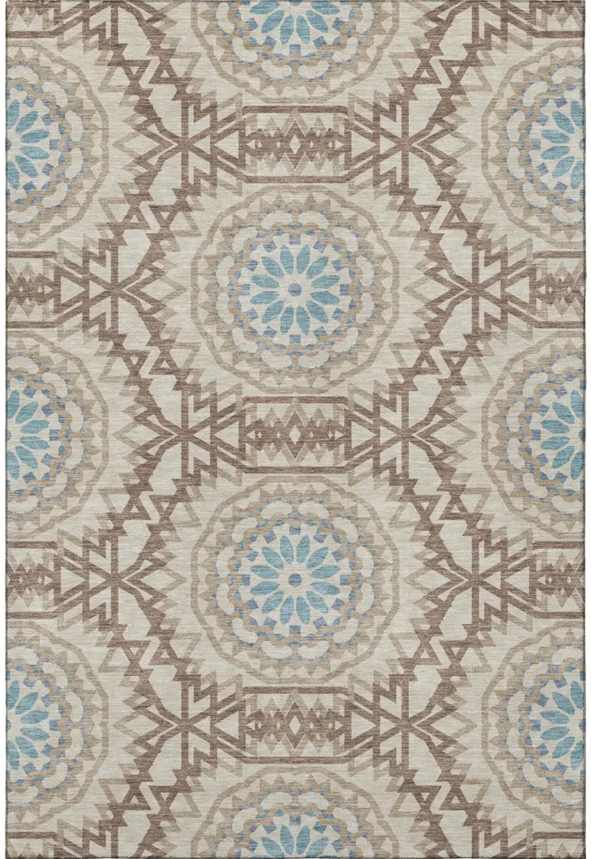 Khaki And Teal Geometric Washable Area Rug With UV Protection Photo 3