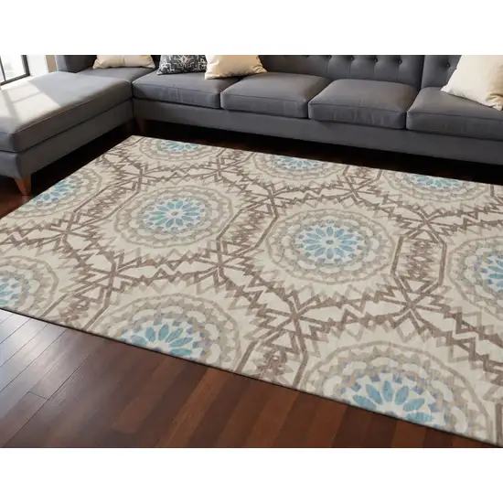 Khaki And Teal Geometric Washable Area Rug With UV Protection Photo 2