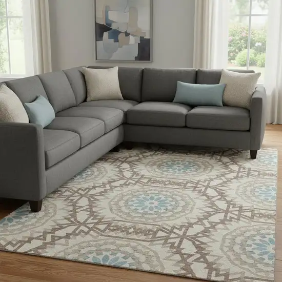 Khaki And Teal Geometric Washable Area Rug With UV Protection Photo 1