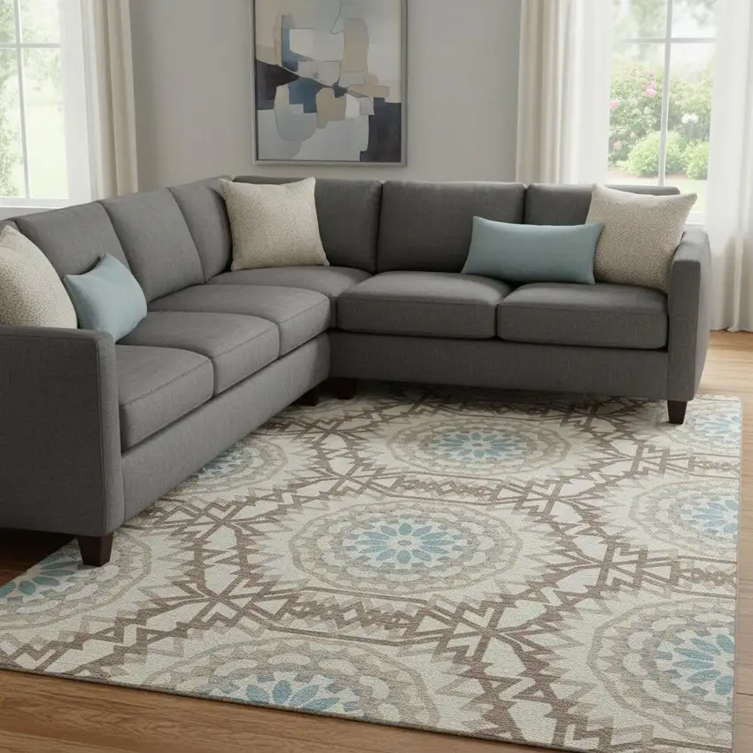 Khaki And Teal Geometric Washable Area Rug With UV Protection Photo 1