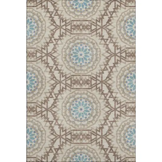 Khaki And Teal Geometric Washable Area Rug With UV Protection Photo 1