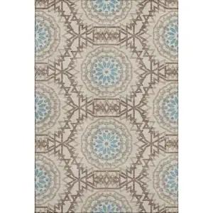 Photo of Khaki And Teal Geometric Washable Area Rug With UV Protection