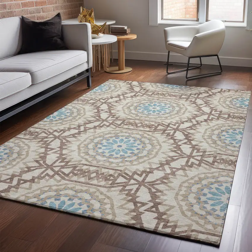 Khaki And Teal Geometric Washable Area Rug With UV Protection Photo 4