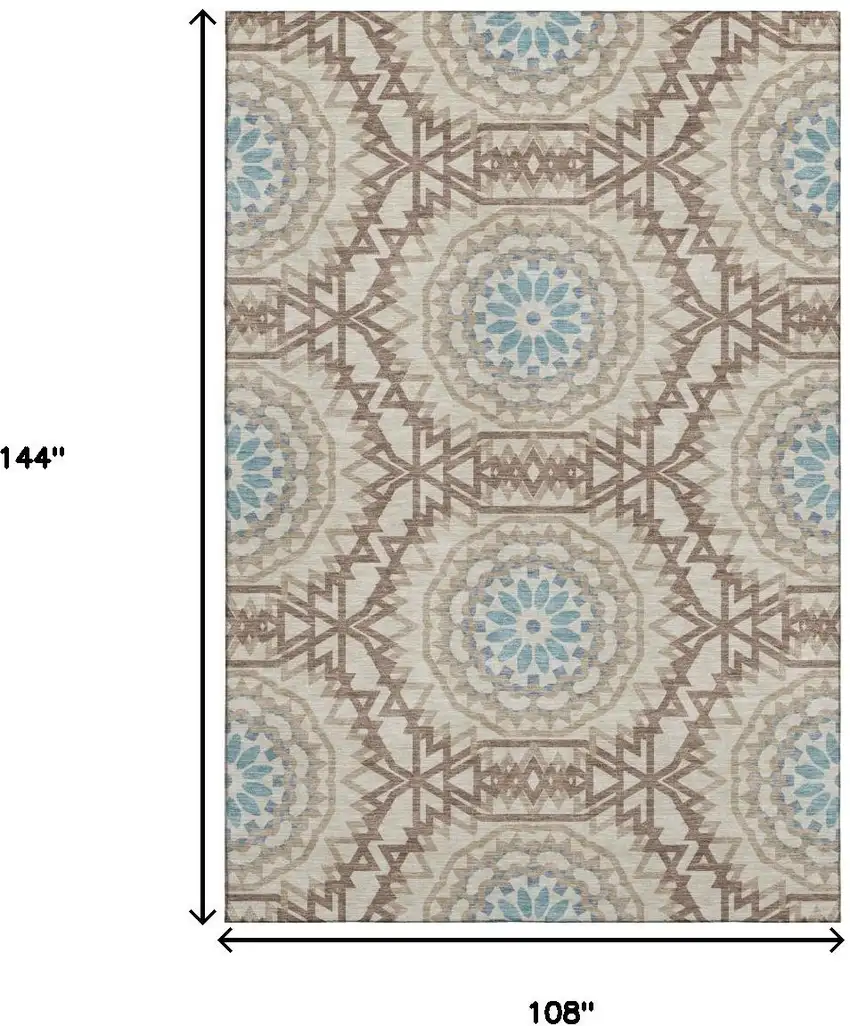 Khaki And Teal Geometric Washable Area Rug With UV Protection Photo 3