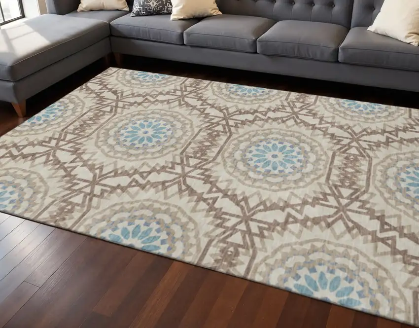 Khaki And Teal Geometric Washable Area Rug With UV Protection Photo 2