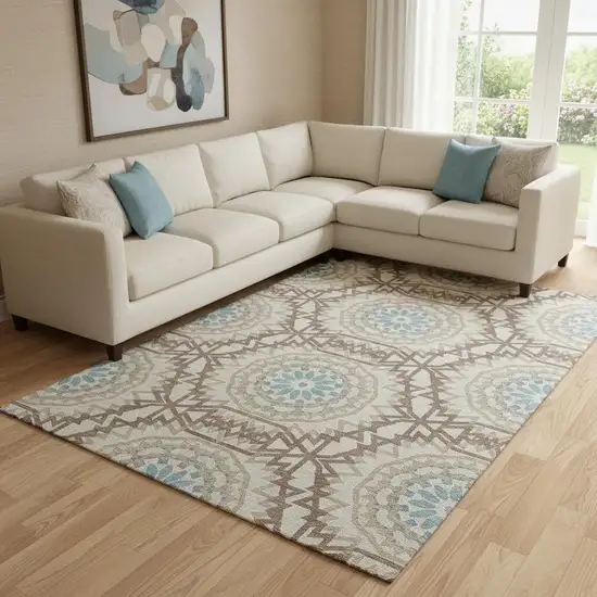 Khaki And Teal Geometric Washable Area Rug With UV Protection Photo 1
