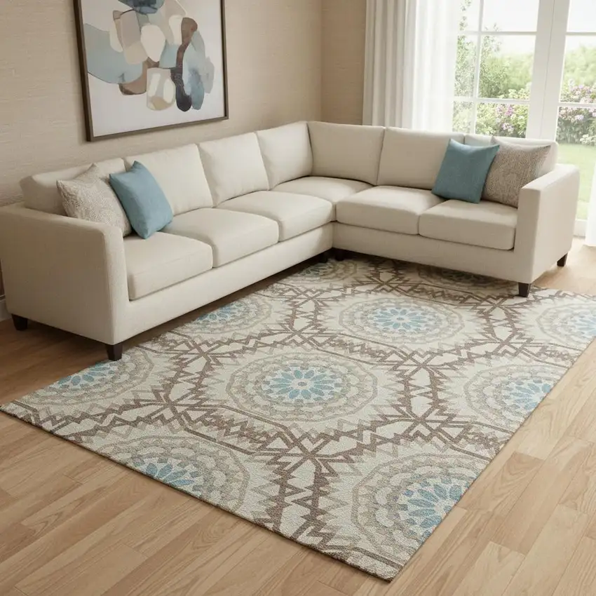Khaki And Teal Geometric Washable Area Rug With UV Protection Photo 1