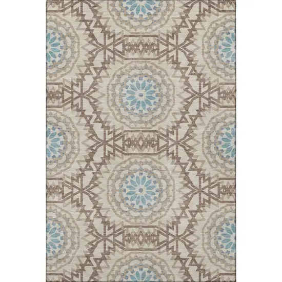 Khaki And Teal Geometric Washable Area Rug With UV Protection Photo 3