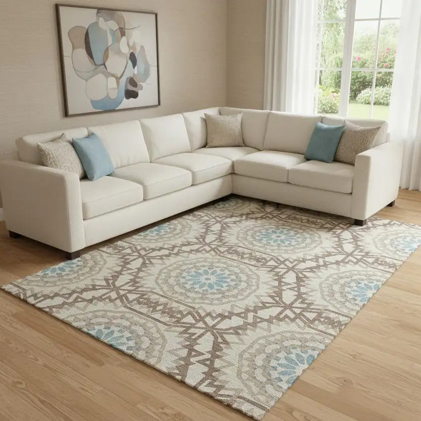 Khaki And Teal Geometric Washable Area Rug With UV Protection Photo 1