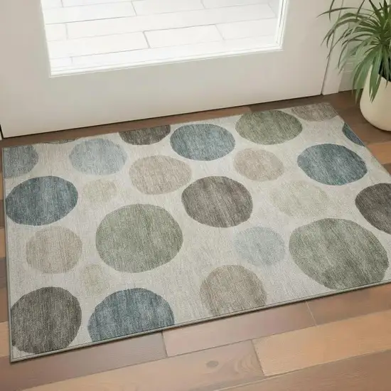 Khaki And Teal Geometric Washable Area Rug With UV Protection Photo 2