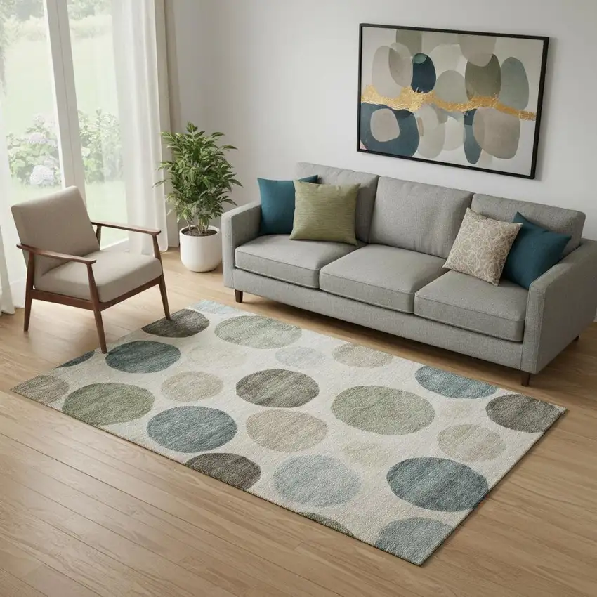 Khaki And Teal Geometric Washable Area Rug With UV Protection Photo 2