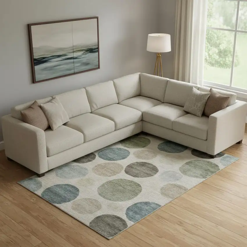 Khaki And Teal Geometric Washable Area Rug With UV Protection Photo 2
