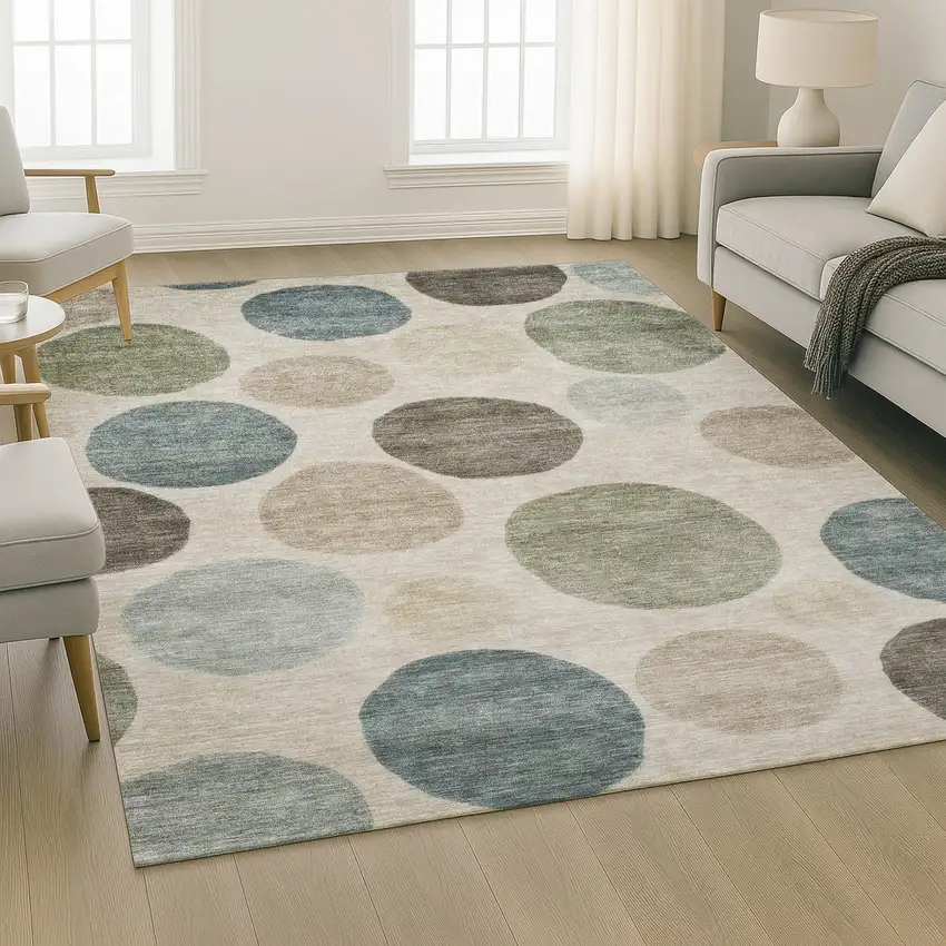 Khaki And Teal Geometric Washable Area Rug With UV Protection Photo 6