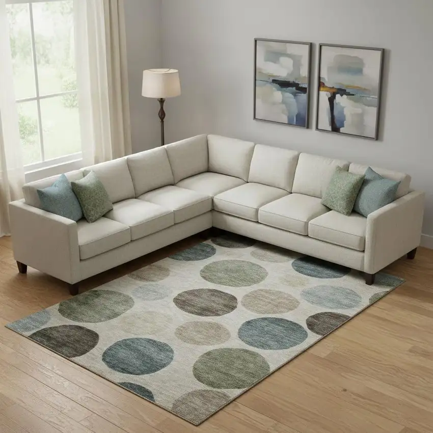 Khaki And Teal Geometric Washable Area Rug With UV Protection Photo 2