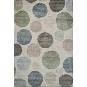 Photo of Khaki And Teal Geometric Washable Area Rug With UV Protection