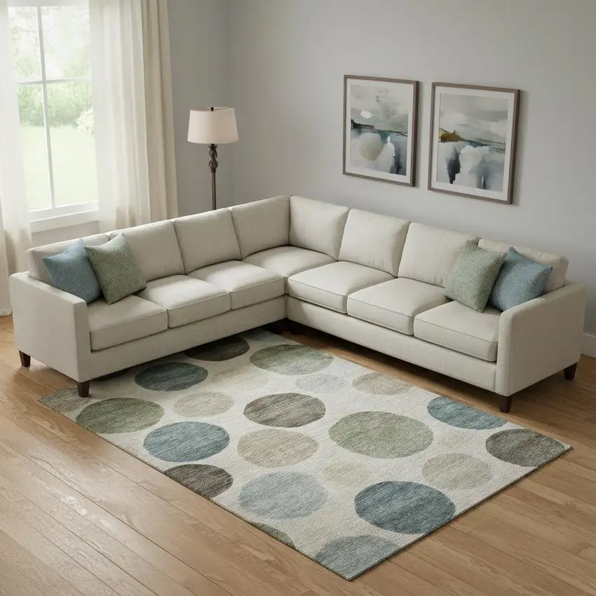 Khaki And Teal Geometric Washable Area Rug With UV Protection Photo 2