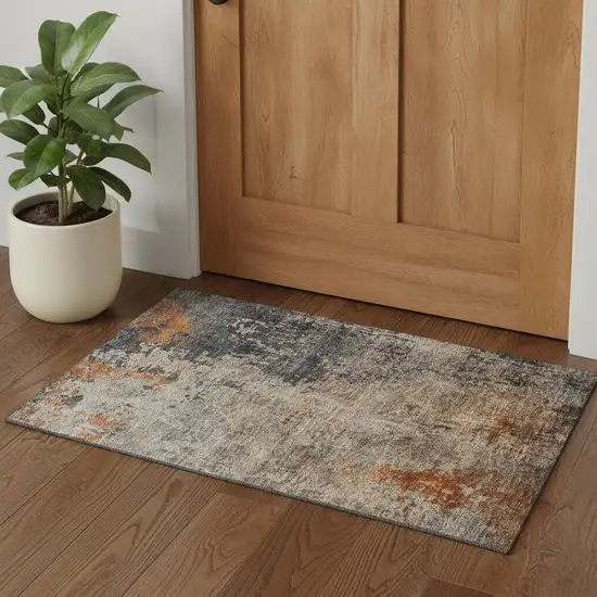 Khaki Beige And Blue Abstract Washable Area Rug With UV Protection Photo 1