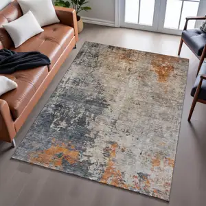 Photo of Khaki Beige And Blue Abstract Washable Area Rug With UV Protection