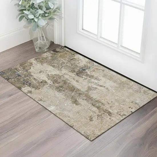 Khaki Beige And Charcoal Abstract Washable Area Rug With UV Protection Photo 2