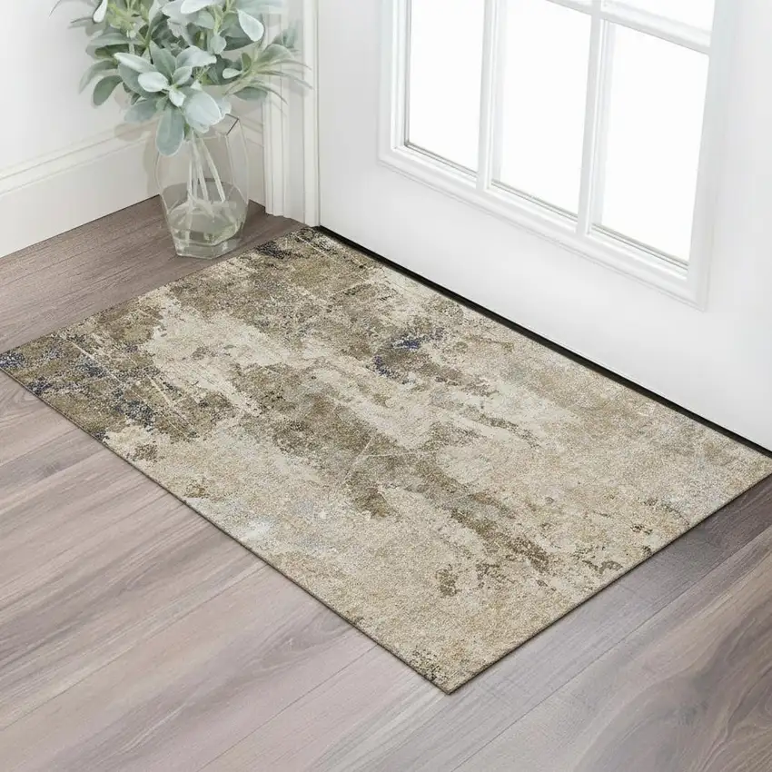 Khaki Beige And Charcoal Abstract Washable Area Rug With UV Protection Photo 2