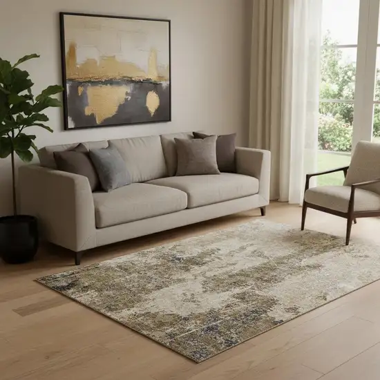 Khaki Beige And Charcoal Abstract Washable Area Rug With UV Protection Photo 2