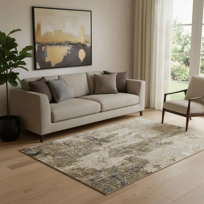 Khaki Beige And Charcoal Abstract Washable Area Rug With UV Protection Photo 2