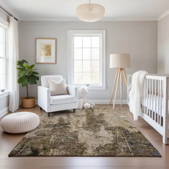 Khaki Beige And Charcoal Abstract Washable Area Rug With UV Protection Photo 5