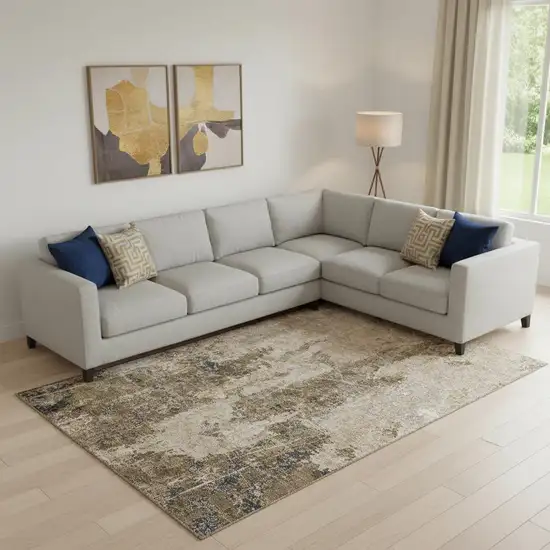 Khaki Beige And Charcoal Abstract Washable Area Rug With UV Protection Photo 2