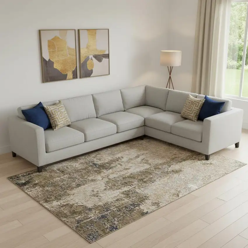 Khaki Beige And Charcoal Abstract Washable Area Rug With UV Protection Photo 2