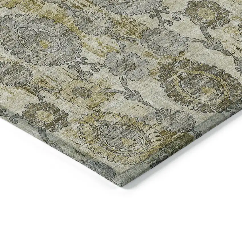 Khaki Beige And Gold Damask Washable Indoor Outdoor Area Rug Photo 5