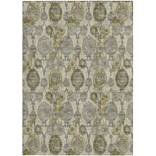 Khaki Beige And Gold Damask Washable Indoor Outdoor Area Rug Photo 8