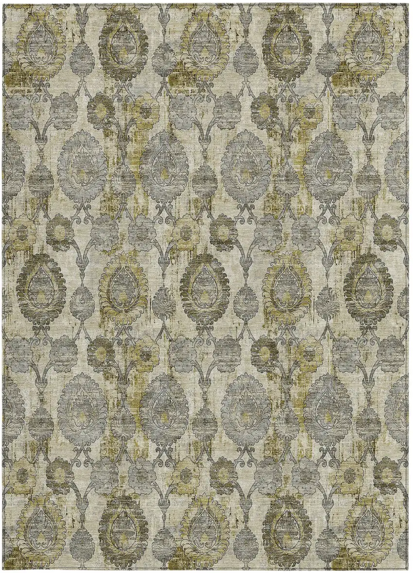 Khaki Beige And Gold Damask Washable Indoor Outdoor Area Rug Photo 8