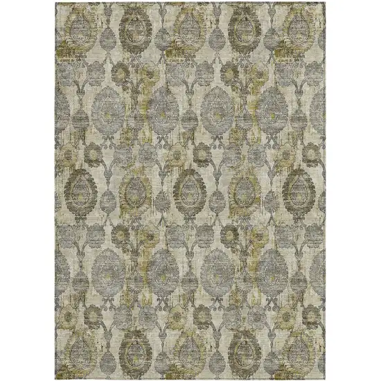 Khaki Beige And Gold Damask Washable Indoor Outdoor Area Rug Photo 8