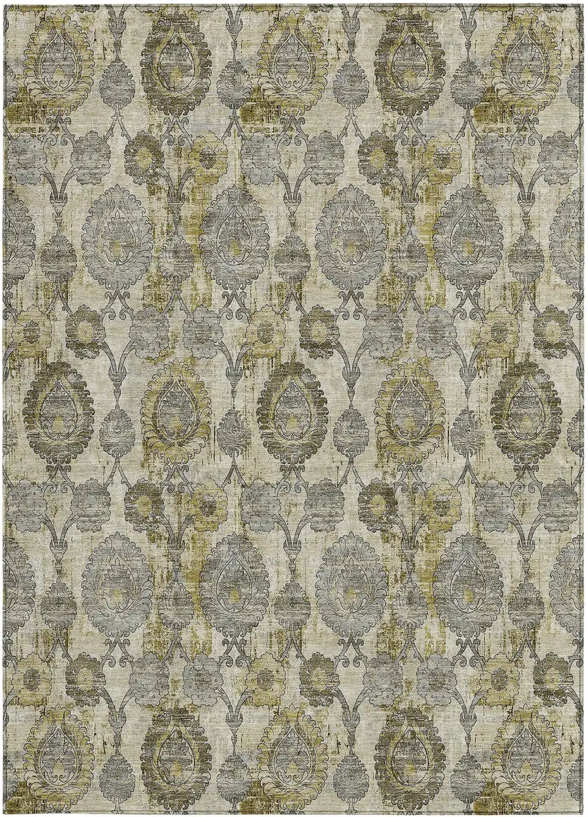 Khaki Beige And Gold Damask Washable Indoor Outdoor Area Rug Photo 8
