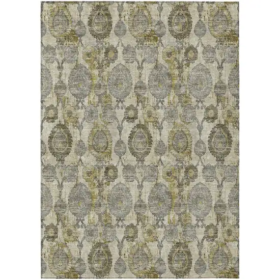 Khaki Beige And Gold Damask Washable Indoor Outdoor Area Rug Photo 2