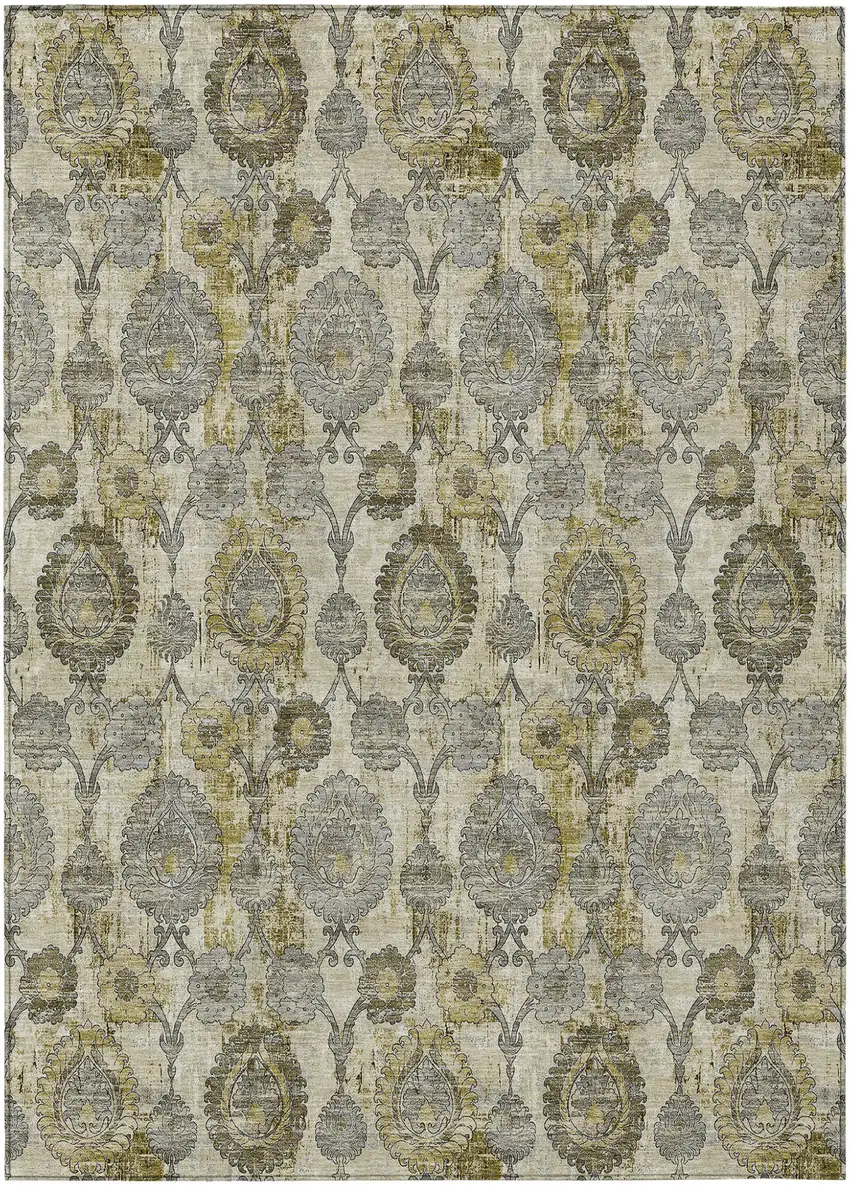 Khaki Beige And Gold Damask Washable Indoor Outdoor Area Rug Photo 2