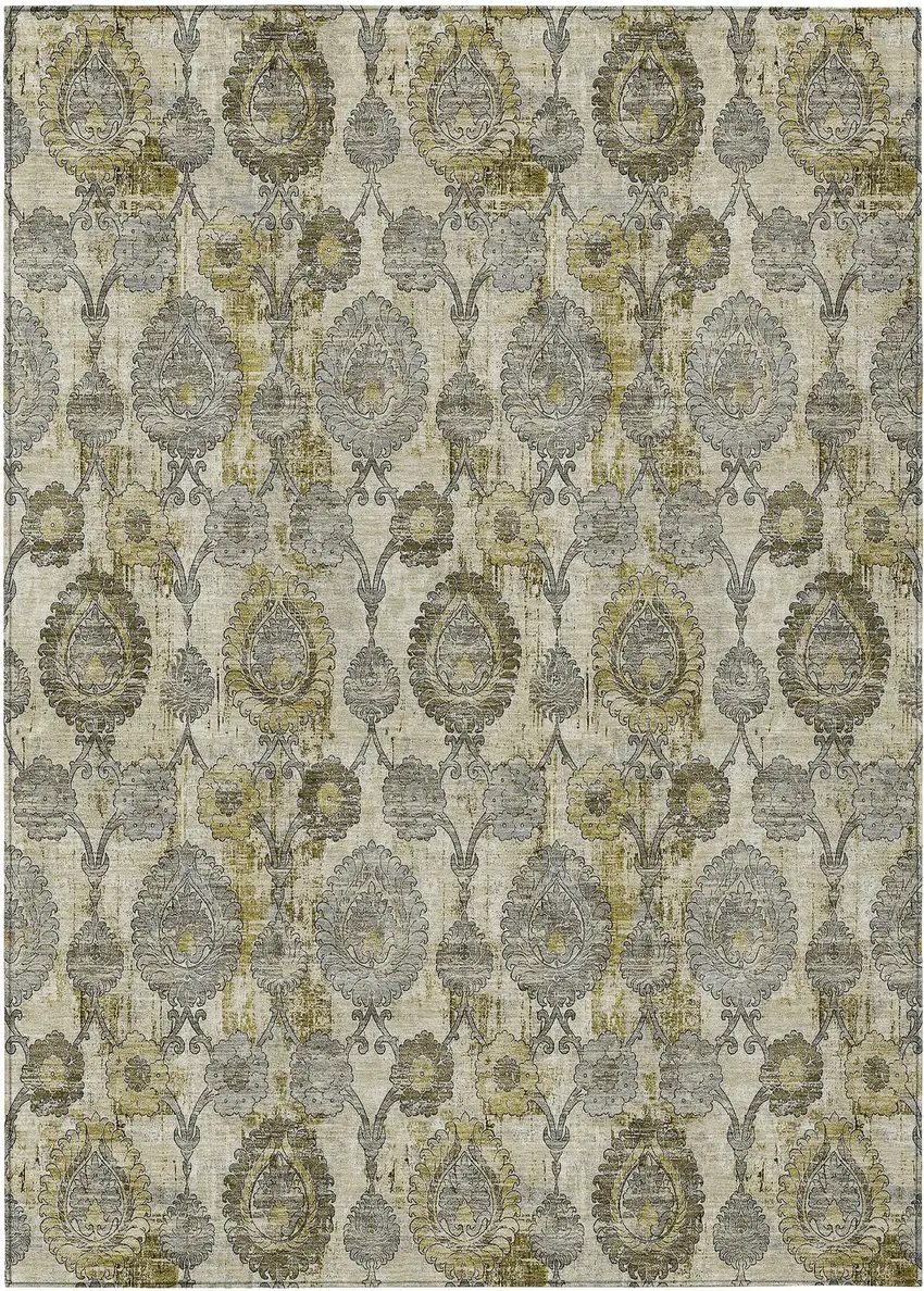 Khaki Beige And Gold Damask Washable Indoor Outdoor Area Rug Photo 2