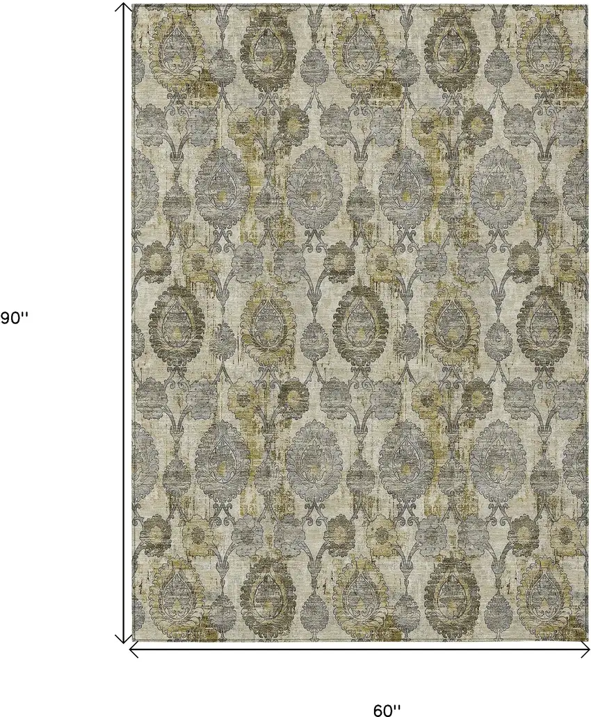 Khaki Beige And Gold Damask Washable Indoor Outdoor Area Rug Photo 3